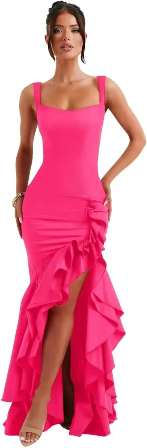 Mermaid Ruffle Satin Prom Dresses for Women Long Corset Sleeveless Flowy Formal Evening Gown with Slit
