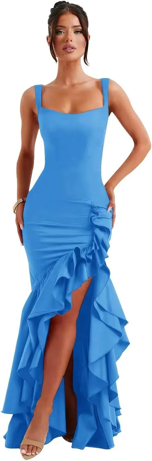 Mermaid Ruffle Satin Prom Dresses for Women Long Corset Sleeveless Flowy Formal Evening Gown with Slit