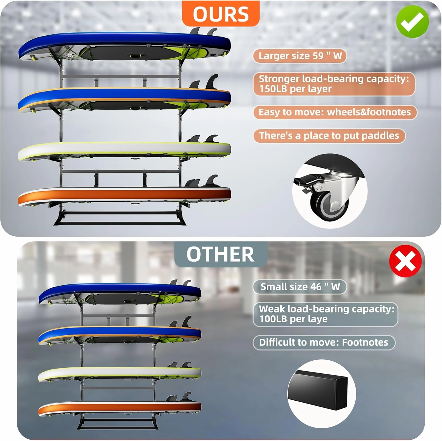 METAN Metal Kayak Storage Rack,59’’Wide Freestanding Heavy Duty Adjustable Kayak Stand Indoor Outdoor Storage Rack Garage with Wheels,Black,Assembly Required