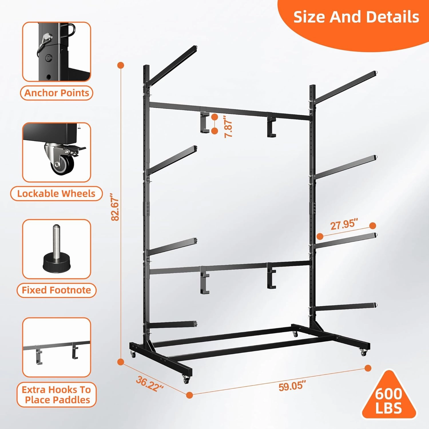 METAN Metal Kayak Storage Rack,59’’Wide Freestanding Heavy Duty Adjustable Kayak Stand Indoor Outdoor Storage Rack Garage with Wheels,Black,Assembly Required