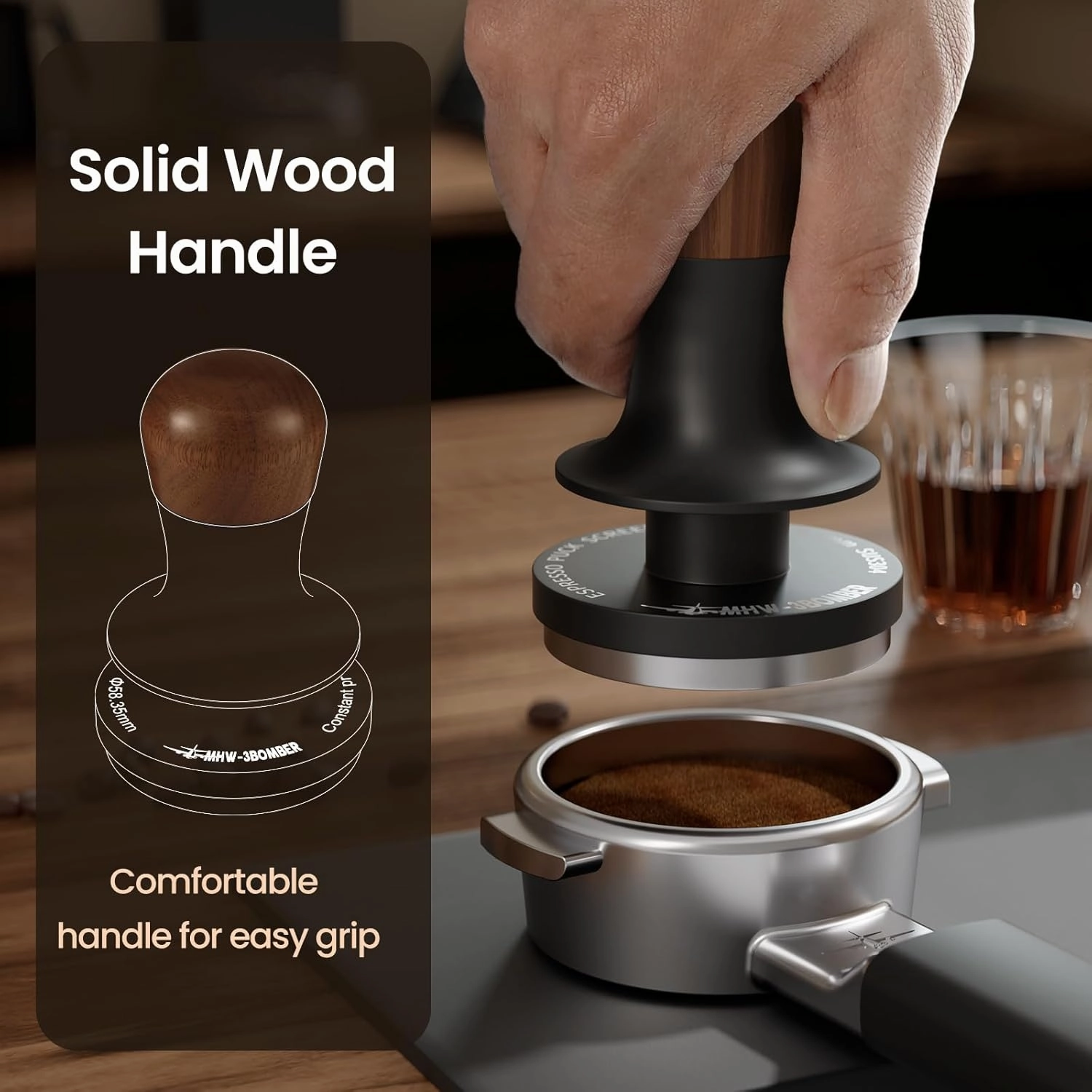 MHW-3BOMBER 58.5mm Espresso Tamper - 3 Spring Loaded Coffee Tamper with Sound Feedback - Barista Tamper Tool Espresso with 15lb / 30lbs Replacement Springs - Walnut Handle SUS304 Ripple Base T7071T-OS