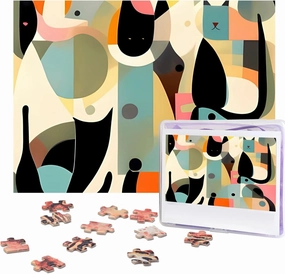 Mid-Century Modern Art Cat Puzzles 500 Pieces Personalized Jigsaw Puzzles for Adults Personalized Picture with Storage Bag Puzzle Wooden Photos Puzzle for Family Home Decor (20.4" x 15")