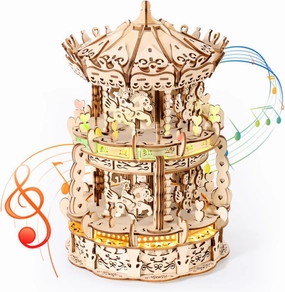 MIEBELY 3D Wooden Puzzles for Adults LED Carousel Music Box - DIY Crafts Model Building Kits for Teens Mechanical Model Stem Project Christmas Toy Gifts for Kids Desk Decor for Boys/Girls Ages 8 