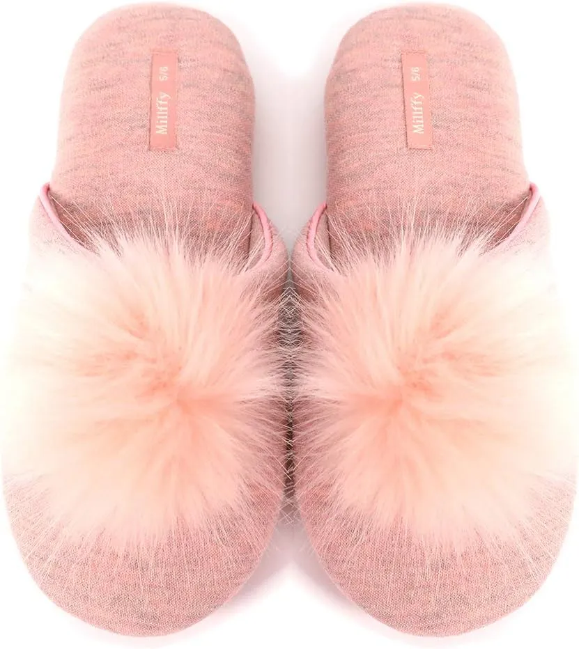 Millffy Women's Cozy House Slippers Fluffy Faux Fur Ball Comfy Slides Bedroom Home Cotton Knit Slippers