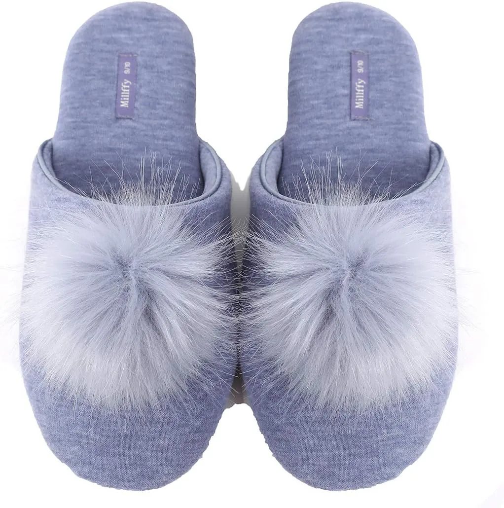 Millffy Women's Cozy House Slippers Fluffy Faux Fur Ball Comfy Slides Bedroom Home Cotton Knit Slippers