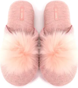 Millffy Women's Cozy House Slippers Fluffy Faux Fur Ball Comfy Slides Bedroom Home Cotton Knit Slippers