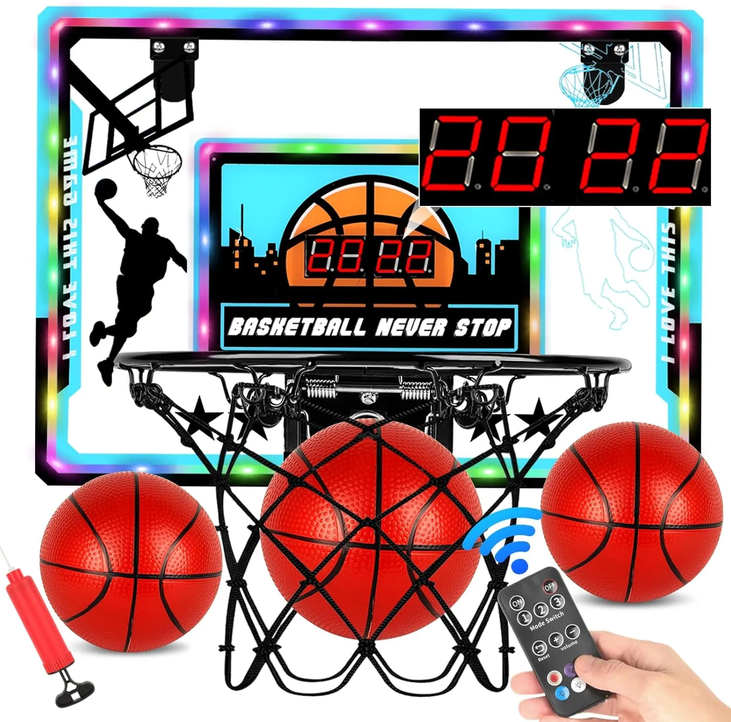 Mini Basketball Hoop Indoor Over-The-Door with LED Lights, Electronic Scoreboard & Cheering Sounds & Remote Control - Interactive Basketball Set Toys for Boys & Kids Ages 6-12 | Easter & Birthday Gift