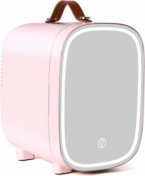 Mini Fridge for Bedroom, 4 Liter/6 Can Skincare Fridge With LED Mirror,12v AC/DC Cooler & Warmer Portable Small Refrigerator for Drinks, Makeup, Dorm, Office and Car(Pink)