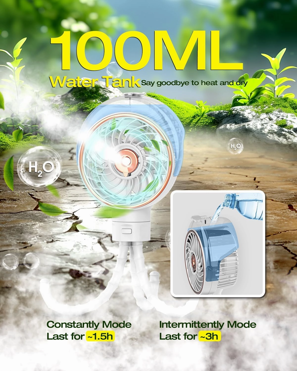 Misting Baby Stroller Fan, 100ml Portable Misting Fan for Stroller, Outdoor Clip On Fans for Baby Detachable Tripod, Handheld Fans, Desk Fans, Cooling Fanes for Crib, Treadmill, Car Seat, Travel, Work