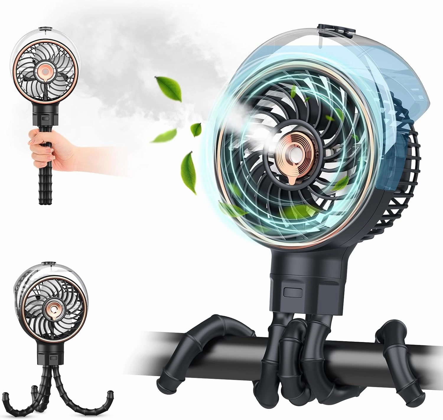 Misting Baby Stroller Fan, 100ml Portable Misting Fan for Stroller, Outdoor Clip On Fans for Baby Detachable Tripod, Handheld Fans, Desk Fans, Cooling Fanes for Treadmill, Car, Travel, Work (Black)