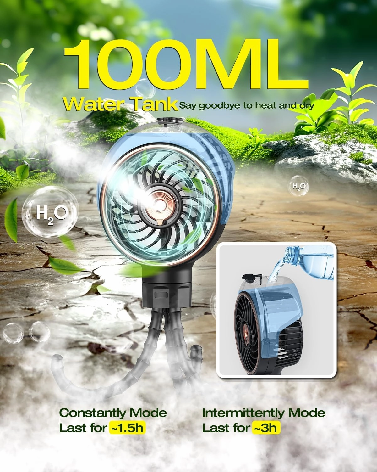 Misting Baby Stroller Fan, 100ml Portable Misting Fan for Stroller, Outdoor Clip On Fans for Baby Detachable Tripod, Handheld Fans, Desk Fans, Cooling Fanes for Treadmill, Car, Travel, Work (Black)
