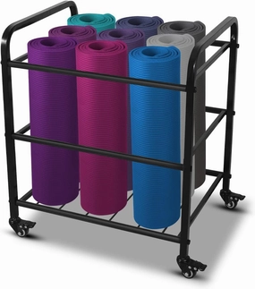 MM MELISEN Yoga Mat Storage Rack, Home Gym Studio Organizer Cart for Foam Roller, Yoga Strap and Resistance Bands, Movable Black Sports Equipment Storage Rack with Wheels