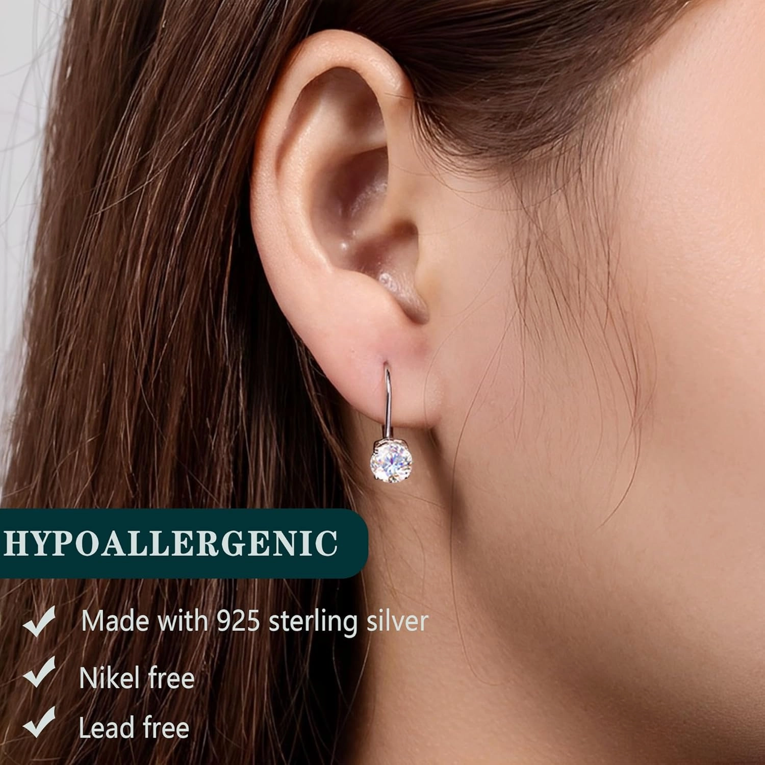 Moissanite Earrings : 18K White Gold Plated Soild Sterling Silver Dangle Earrings Hypoallergenic Leverback Drop Earrings for Women Men Round Cut D Color