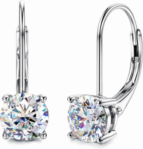 Moissanite Earrings : 18K White Gold Plated Soild Sterling Silver Dangle Earrings Hypoallergenic Leverback Drop Earrings for Women Men Round Cut D Color