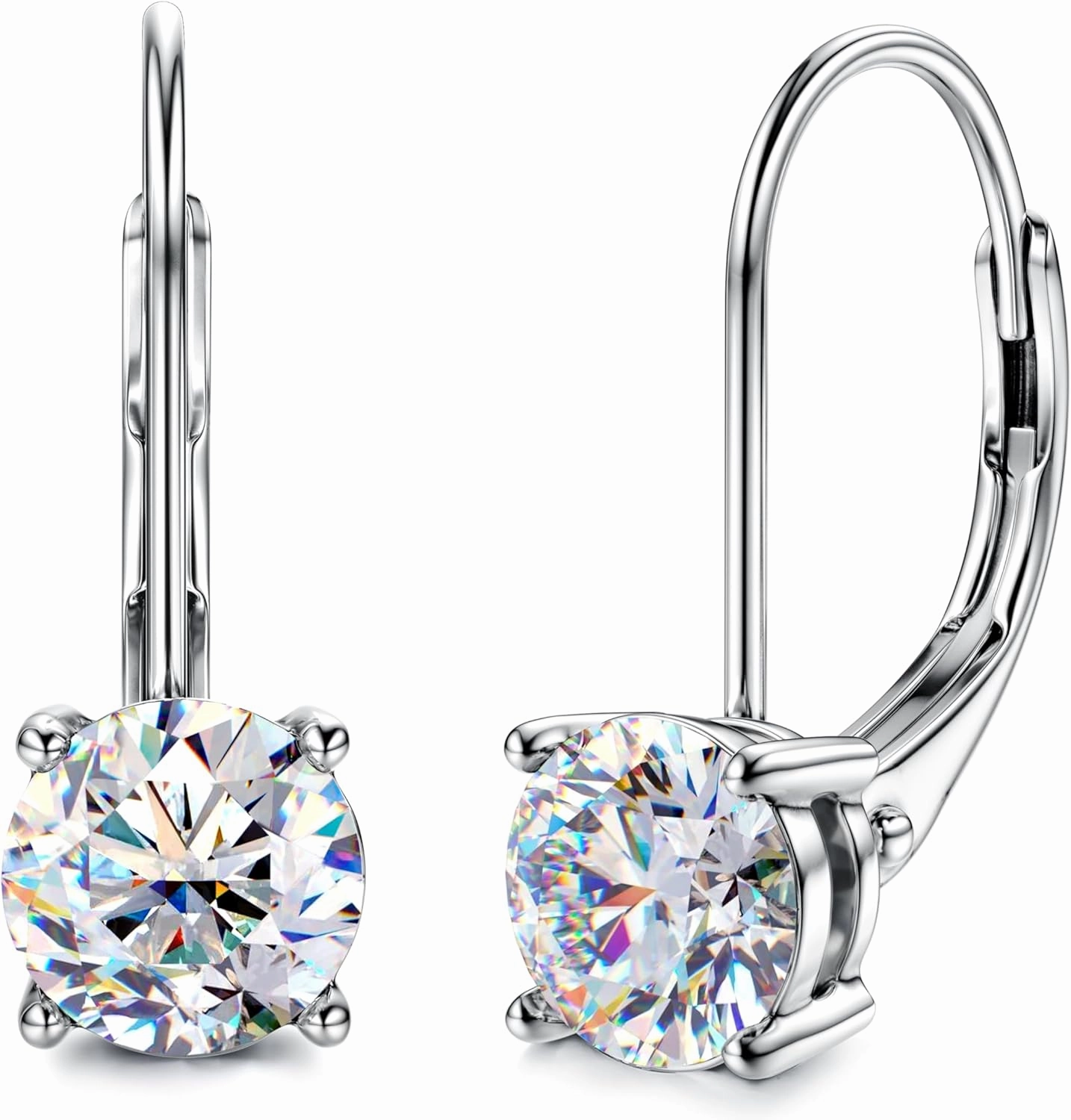 Moissanite Earrings : 18K White Gold Plated Soild Sterling Silver Dangle Earrings Hypoallergenic Leverback Drop Earrings for Women Men Round Cut D Color