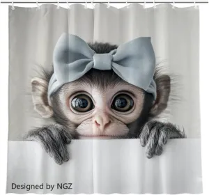 Monkey Shower Curtain, Monkey with Bow Tie, Cute Pet Design, Fun Bathroom Spa Home Decor, 72x72 Inch with 12 Hooks