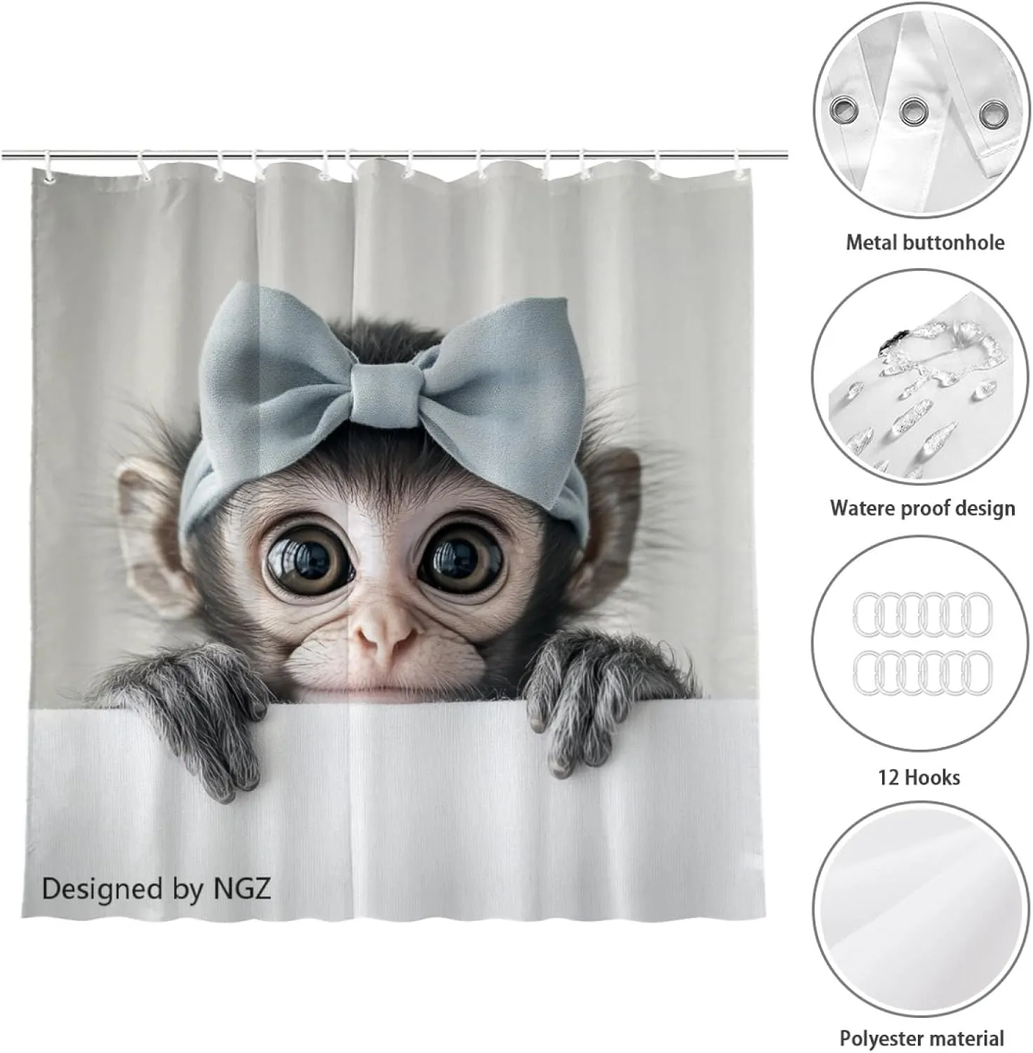 Monkey Shower Curtain, Monkey with Bow Tie, Cute Pet Design, Fun Bathroom Spa Home Decor, 72x72 Inch with 12 Hooks