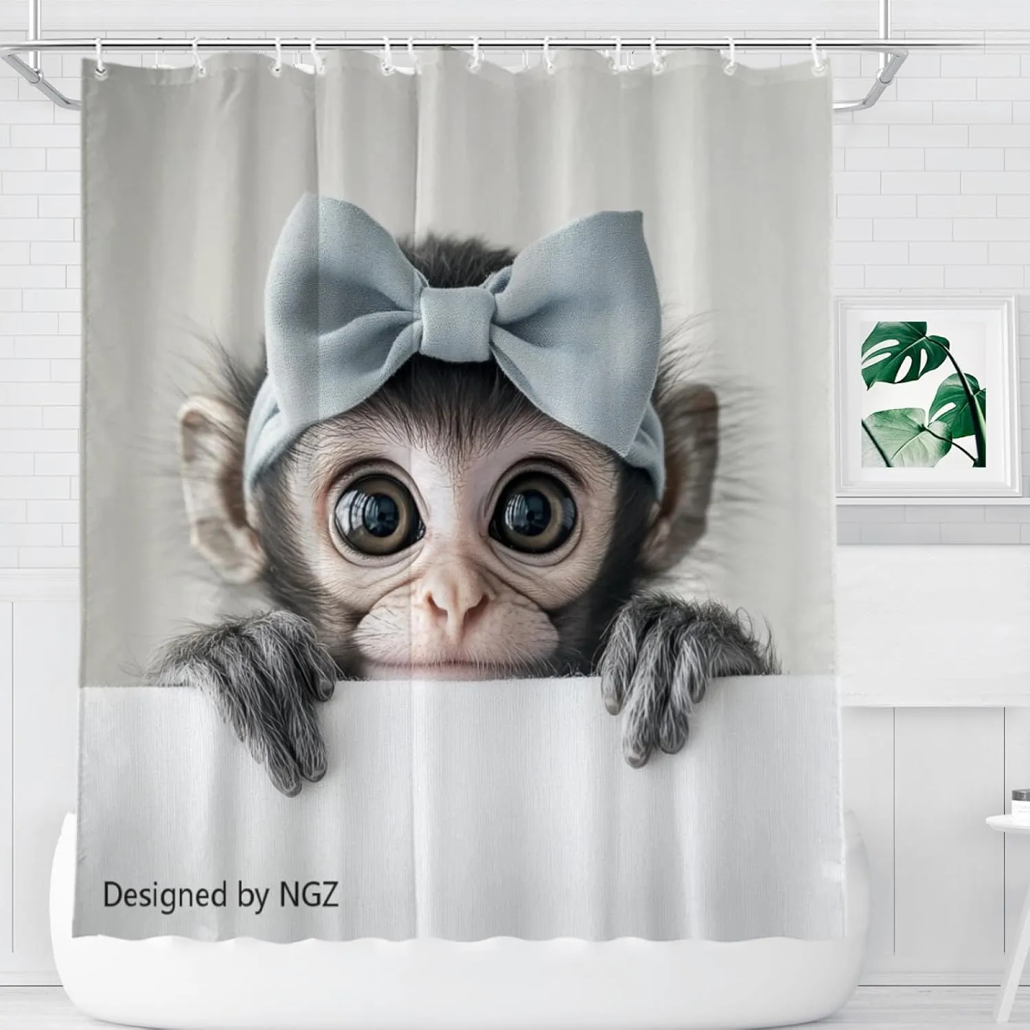 Monkey Shower Curtain, Monkey with Bow Tie, Cute Pet Design, Fun Bathroom Spa Home Decor, 72x72 Inch with 12 Hooks
