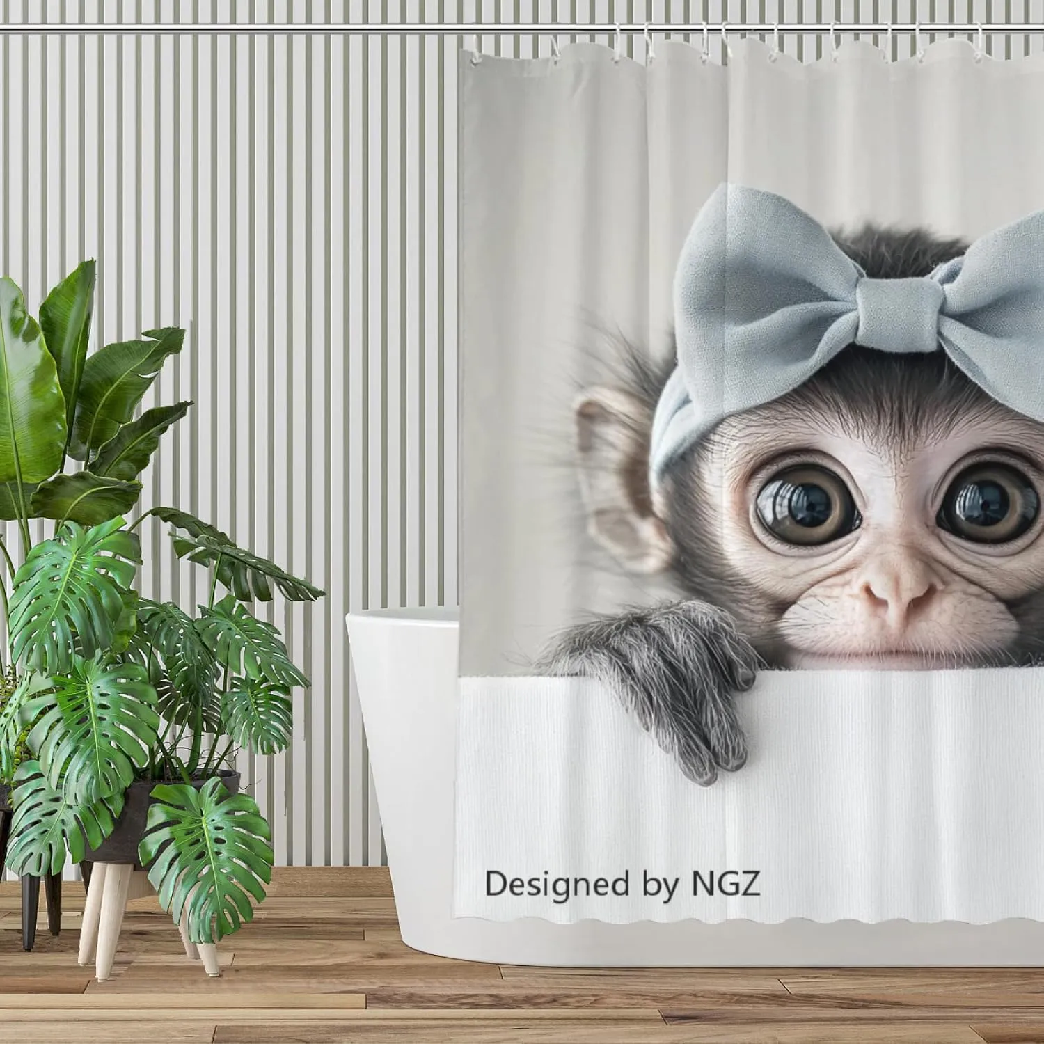 Monkey Shower Curtain, Monkey with Bow Tie, Cute Pet Design, Fun Bathroom Spa Home Decor, 72x72 Inch with 12 Hooks
