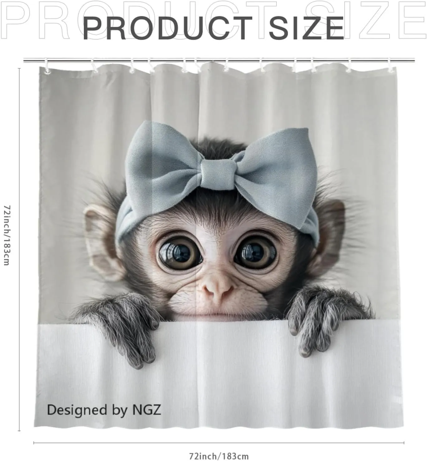 Monkey Shower Curtain, Monkey with Bow Tie, Cute Pet Design, Fun Bathroom Spa Home Decor, 72x72 Inch with 12 Hooks