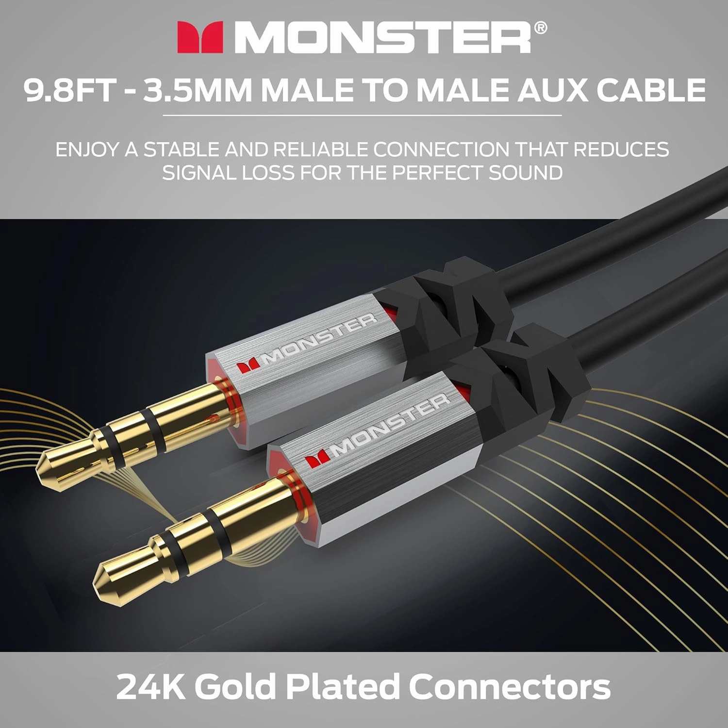 Monster Gen2 Essentials Audio Cable 3.5mm Male to Male Aux Cord for Car, iPhones, Headphones, 9.8FT Duraflex Jacket, Gold-Plated Connectors, Superior Sound Quality and Durable Cable