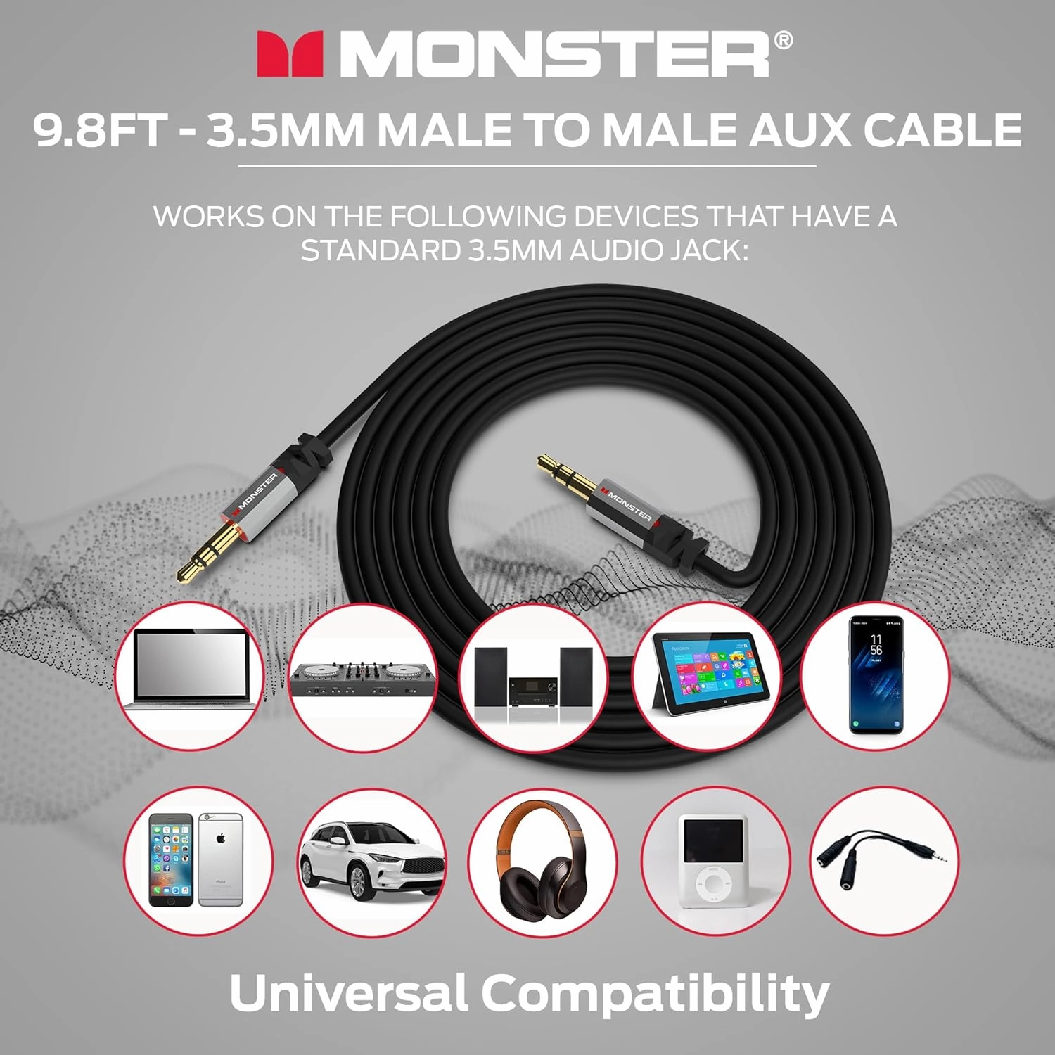 Monster Gen2 Essentials Audio Cable 3.5mm Male to Male Aux Cord for Car, iPhones, Headphones, 9.8FT Duraflex Jacket, Gold-Plated Connectors, Superior Sound Quality and Durable Cable