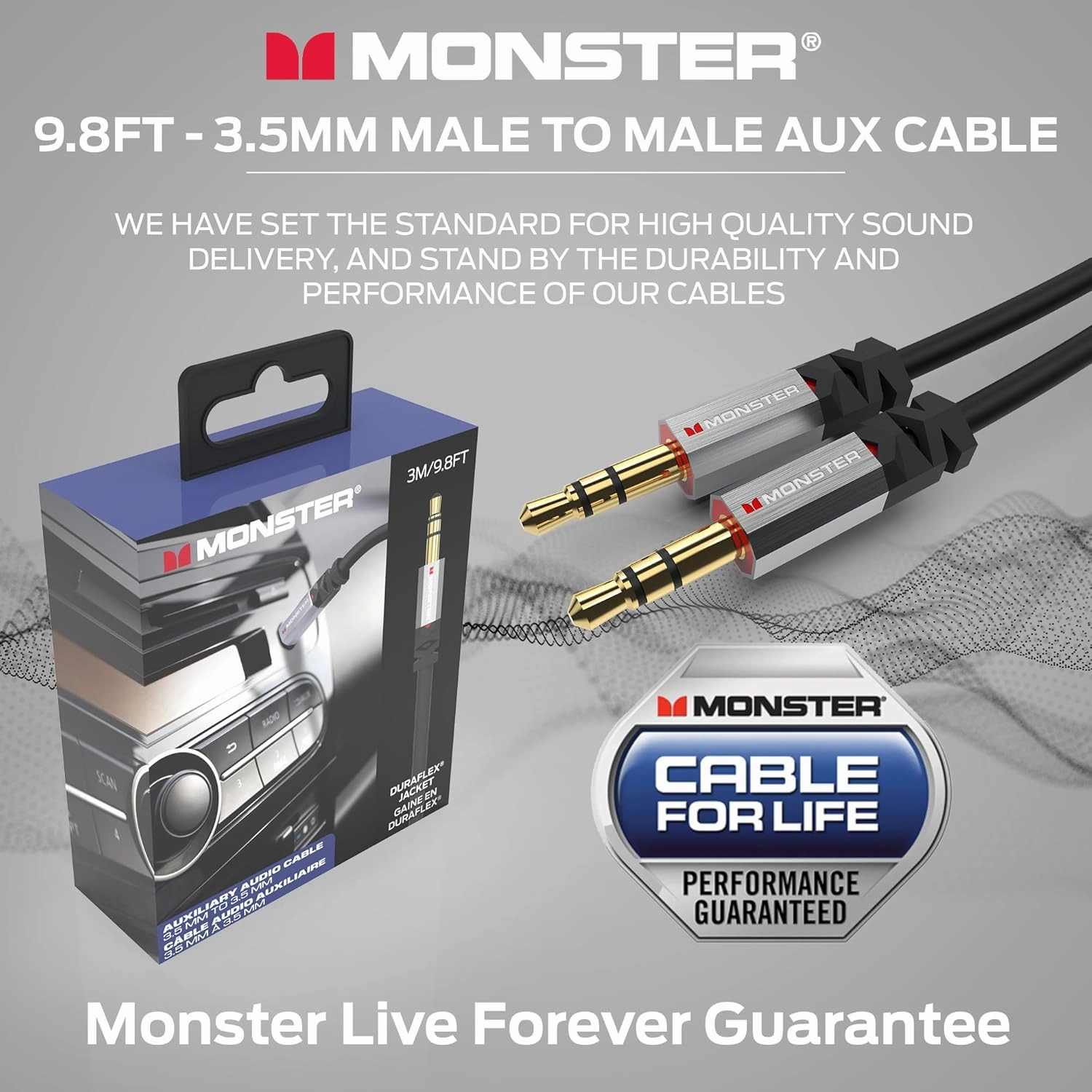 Monster Gen2 Essentials Audio Cable 3.5mm Male to Male Aux Cord for Car, iPhones, Headphones, 9.8FT Duraflex Jacket, Gold-Plated Connectors, Superior Sound Quality and Durable Cable