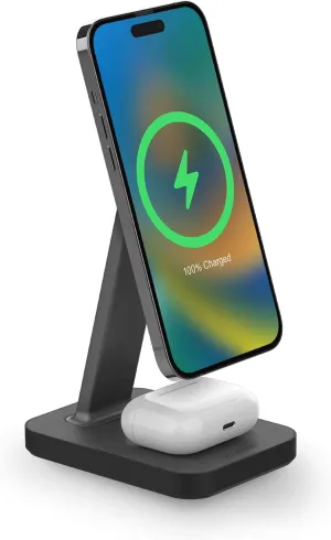 mophie Snap  2-in-1Charge Stand & Pad - 15w Wireless Charger Compatible with iPhones & AirPods, Includes Snap  Adapter for Other Qi Enabled Phones, Steel Base, Adjustable Angles