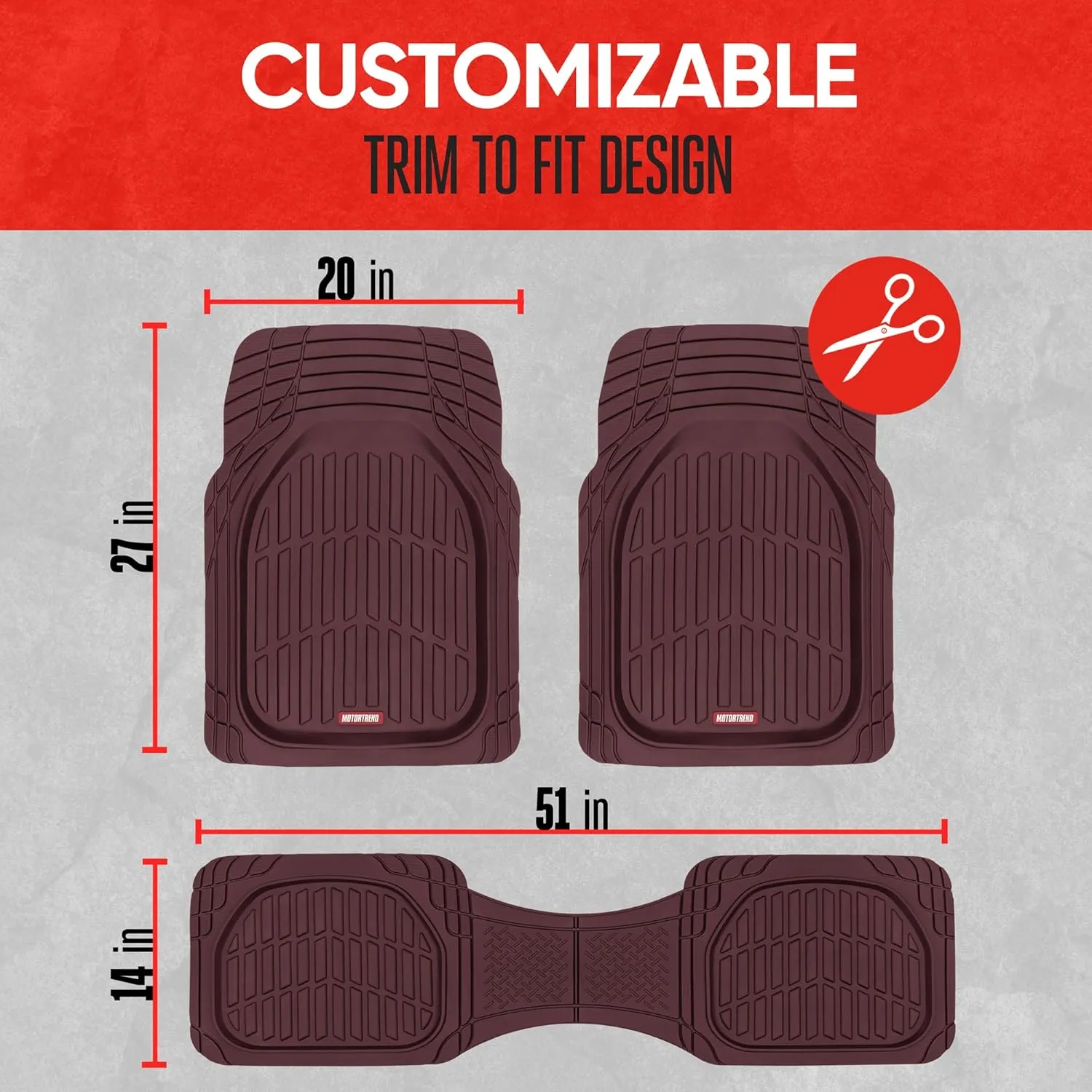 Motor Trend FlexTough Floor Mats for Cars, Burgundy Deep Dish All-Weather Car Mats, Waterproof Trim-To Fit Automotive Cars Trucks SUV, Universal Liner Accessories