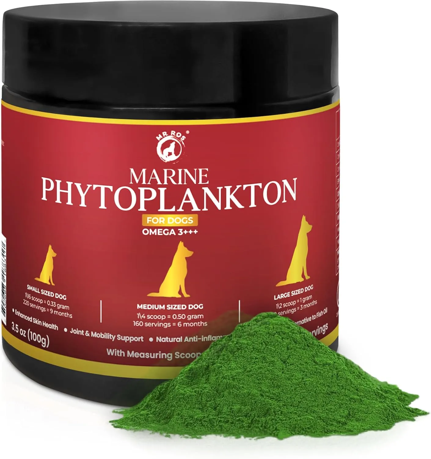 Mr. Ros Marine Phytoplankton: Supercharge Your Dog's Health (3.5 oz / 100 g). Essential Nutrients for Shiny Coat, Strong Joints & Overall Wellbeing-with Scoop
