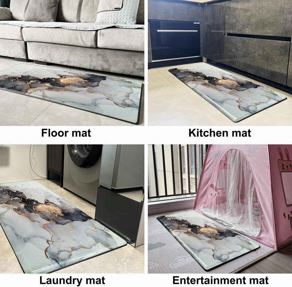 Mrcrypos Luxury Black and Gold Marble Kitchen Rugs PVC Leather Waterproof Non Slip Cushioned Standing Mats Anti Fatigue Kitchen Runner Rugs for Floor,Sink,Laundry,Office 23.5" W x 70" L