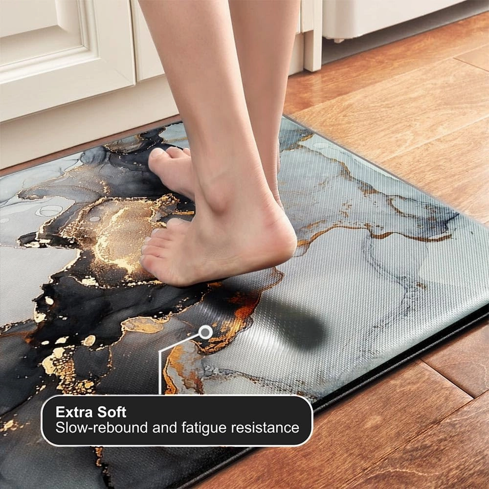 Mrcrypos Luxury Black and Gold Marble Kitchen Rugs PVC Leather Waterproof Non Slip Cushioned Standing Mats Anti Fatigue Kitchen Runner Rugs for Floor,Sink,Laundry,Office 23.5" W x 70" L