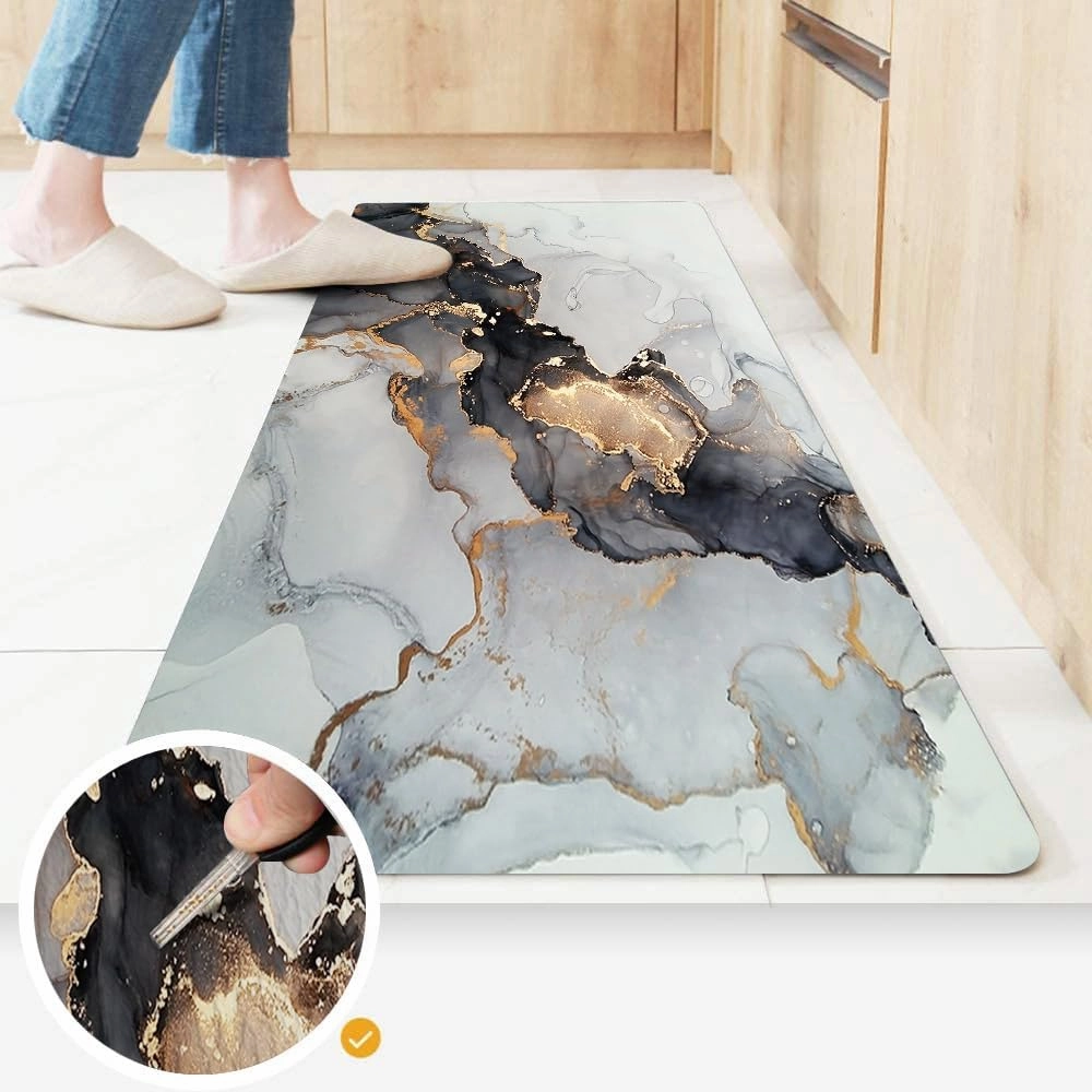 Mrcrypos Luxury Black and Gold Marble Kitchen Rugs PVC Leather Waterproof Non Slip Cushioned Standing Mats Anti Fatigue Kitchen Runner Rugs for Floor,Sink,Laundry,Office 23.5" W x 70" L