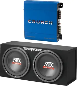 MTX 12-Inch 1200-Watt Car Audio Dual Loaded Subwoofer Box Enclosure & Crunch PowerDriveX 1000 Watt 2 Channel Exclusive Blue A/B Car Stereo Amplifier