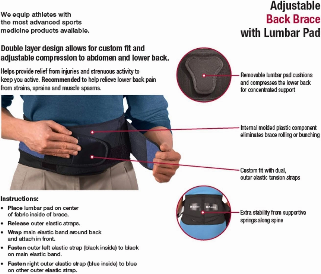 MUELLER Sports Medicine Adjustable Lumbar Back Brace with Removable Pad, Back Pain Relief Support for Men and Women, Ideal for Upper and Lower Back Pain, Sciatica, Scoliosis, Black