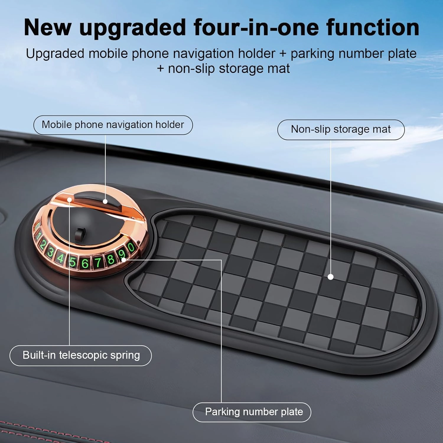 Multifunction Car Anti-Slip Mat,Portable Electronic Device Mount,Universal Phone Holder,Rotatable Anti Skid Car Dashboard Pad with Temporary Parking Numbe for Phones, Keys, Gadgets (Black)