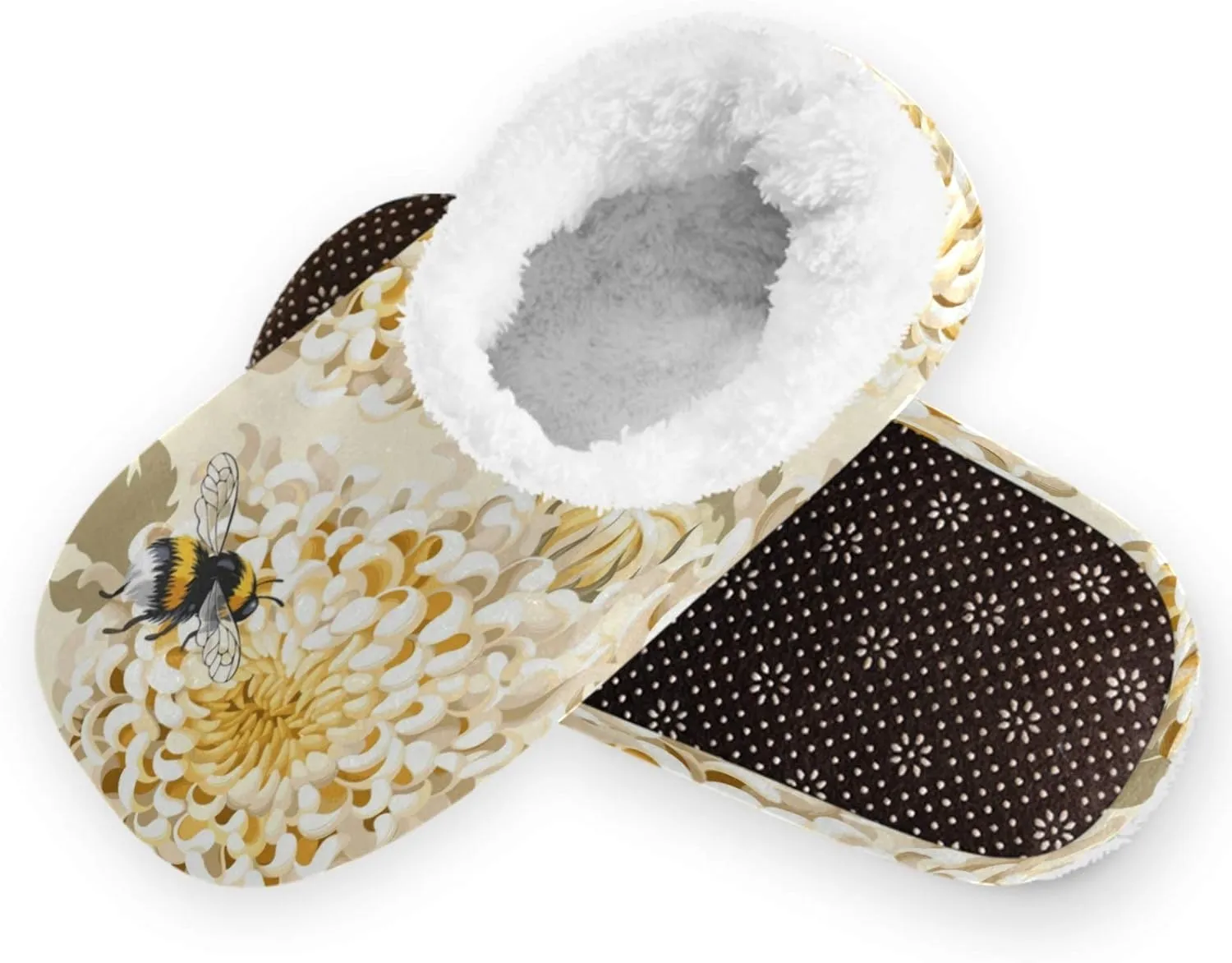 Naanle Japanese Chrysanthemum Honeybee Women's Memory Foam Slippers - Comfy Indoor Outdoor Bedroom Shoes With Anti-Slip Rubber Sole - Fuzzy Fleece Warm Home Slippers