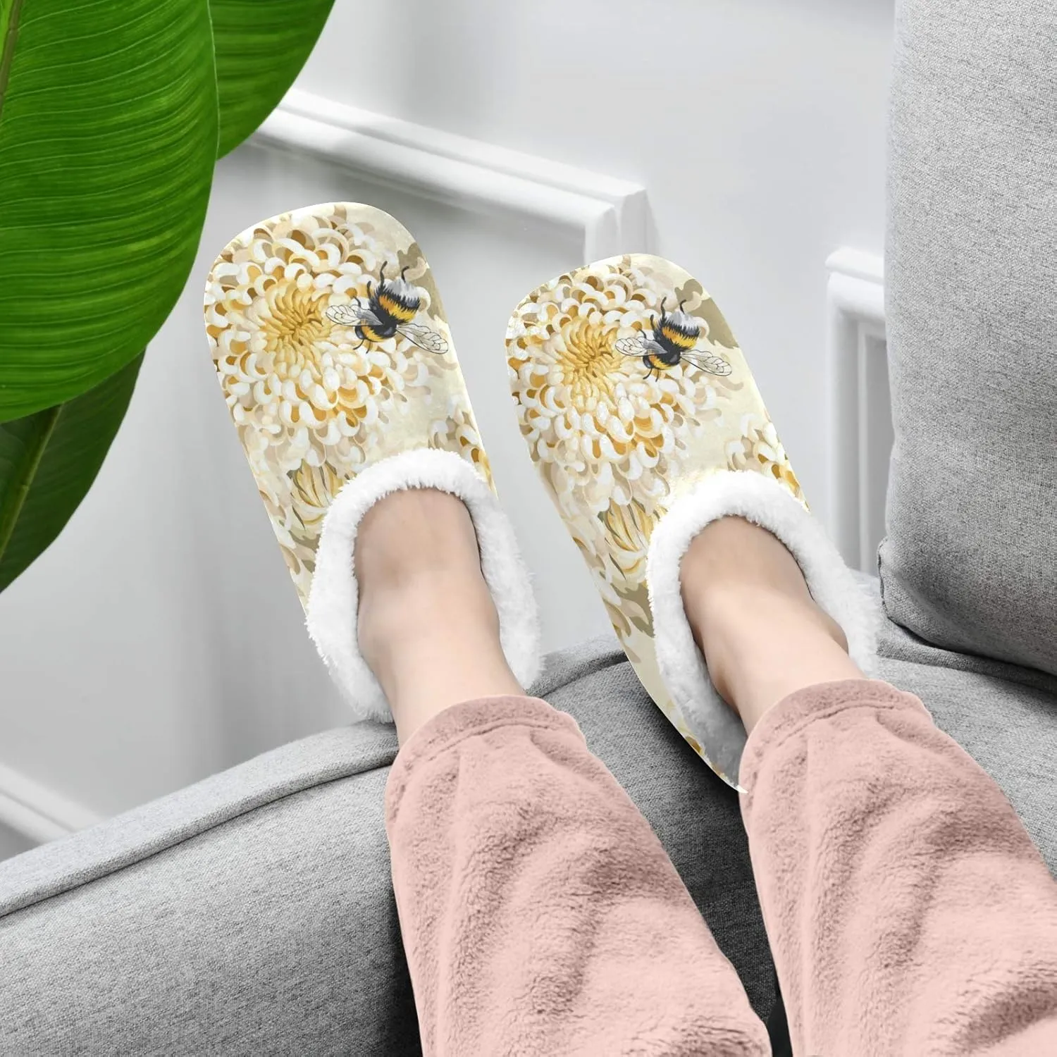 Naanle Japanese Chrysanthemum Honeybee Women's Memory Foam Slippers - Comfy Indoor Outdoor Bedroom Shoes With Anti-Slip Rubber Sole - Fuzzy Fleece Warm Home Slippers