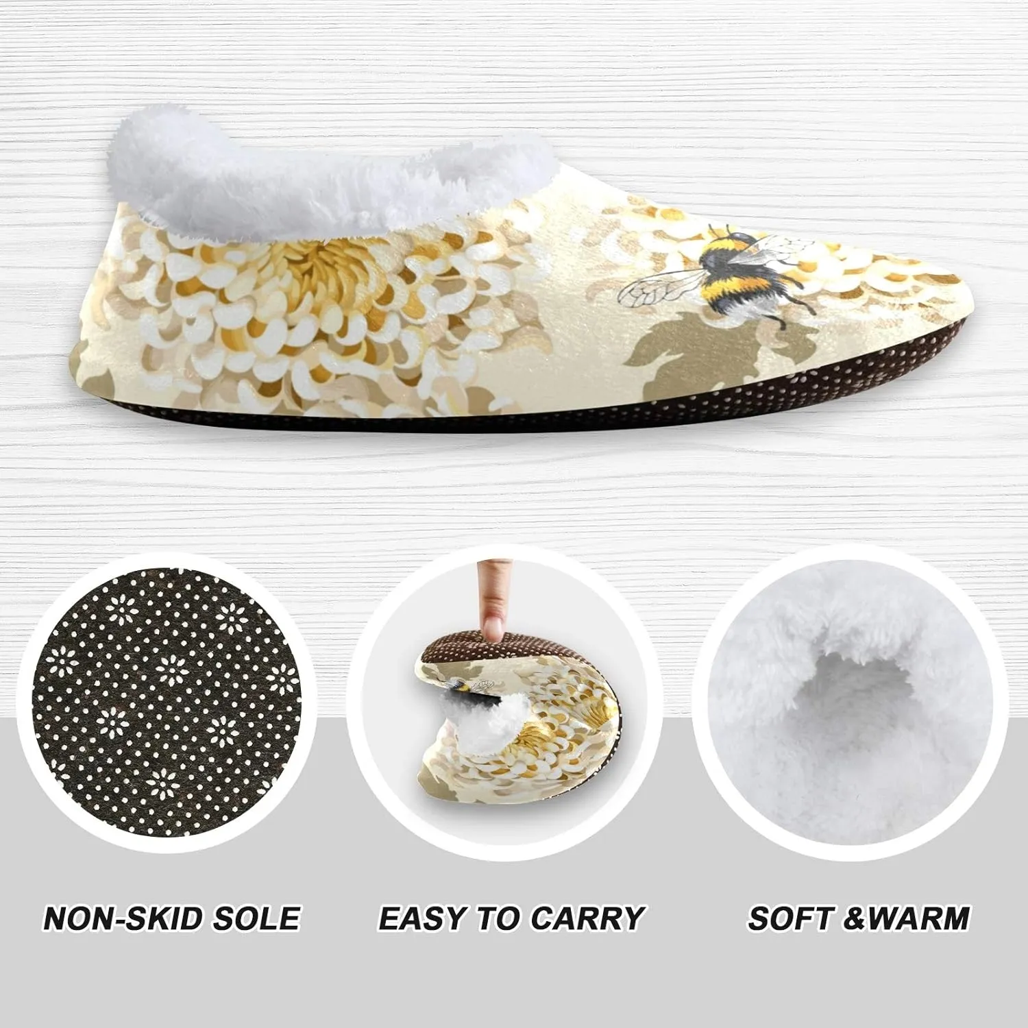 Naanle Japanese Chrysanthemum Honeybee Women's Memory Foam Slippers - Comfy Indoor Outdoor Bedroom Shoes With Anti-Slip Rubber Sole - Fuzzy Fleece Warm Home Slippers