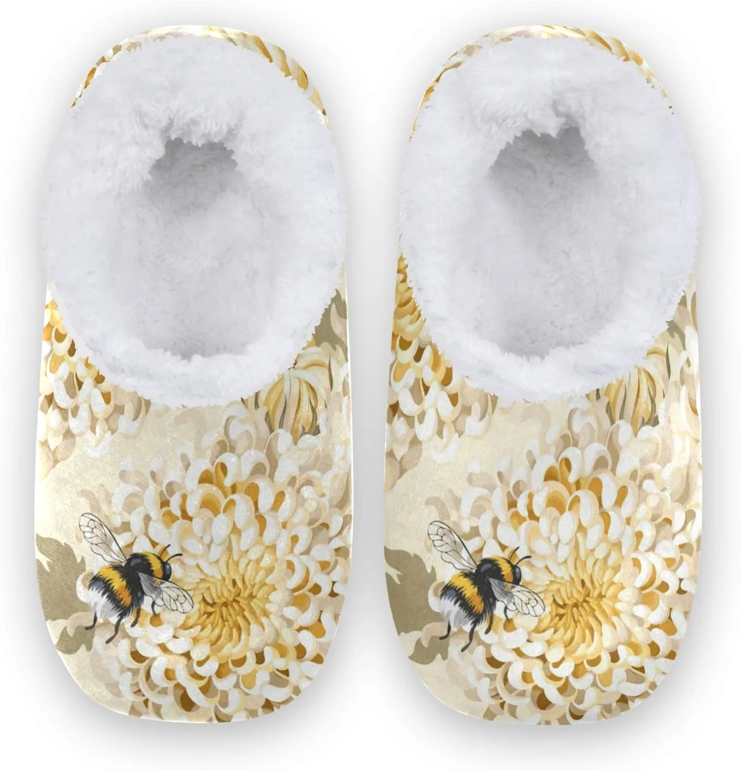 Naanle Japanese Chrysanthemum Honeybee Women's Memory Foam Slippers - Comfy Indoor Outdoor Bedroom Shoes With Anti-Slip Rubber Sole - Fuzzy Fleece Warm Home Slippers