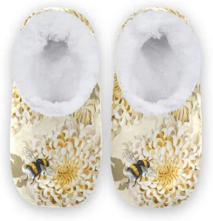 Naanle Japanese Chrysanthemum Honeybee Women's Memory Foam Slippers - Comfy Indoor Outdoor Bedroom Shoes With Anti-Slip Rubber Sole - Fuzzy Fleece Warm Home Slippers