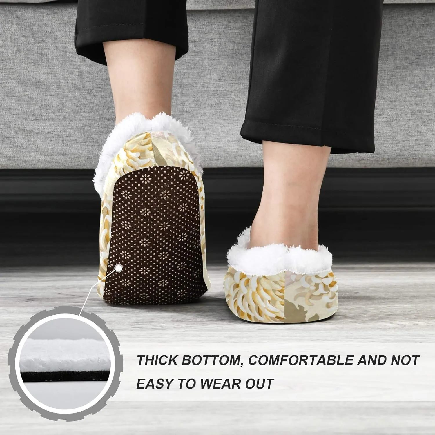 Naanle Japanese Chrysanthemum Honeybee Women's Memory Foam Slippers - Comfy Indoor Outdoor Bedroom Shoes With Anti-Slip Rubber Sole - Fuzzy Fleece Warm Home Slippers