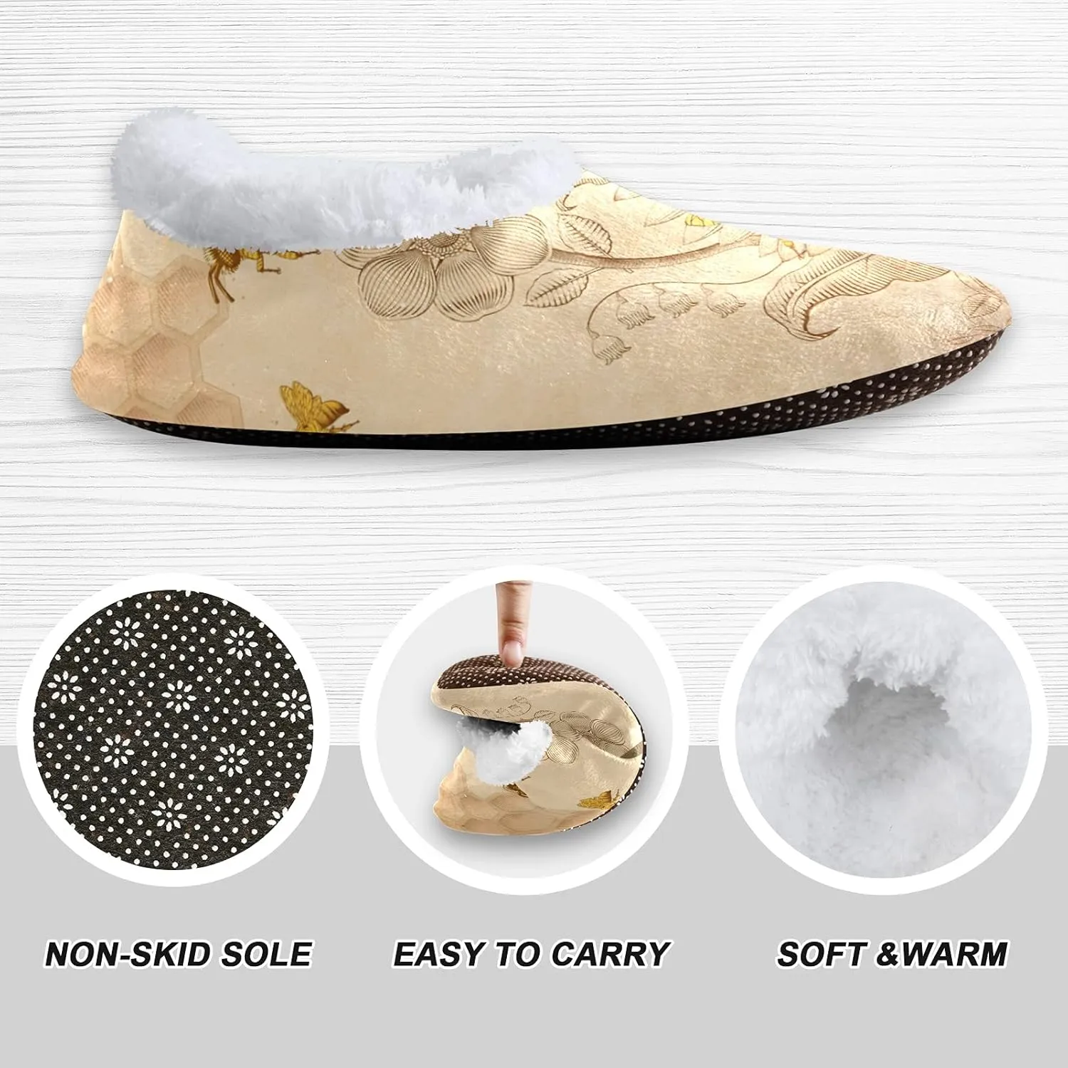 Naanle Retro Sunflower Honeybee Women's Closed Back Memory Foam Comfy Indoor Outdoor Bedroom Shoes Fuzzy Fleece Warm Home Slippers with Anti-Slip Rubber Sole