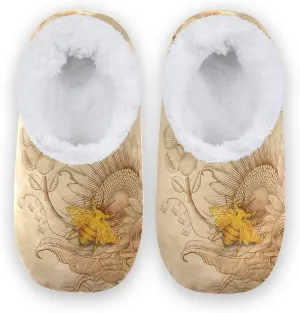 Naanle Retro Sunflower Honeybee Women's Closed Back Memory Foam Comfy Indoor Outdoor Bedroom Shoes Fuzzy Fleece Warm Home Slippers with Anti-Slip Rubber Sole