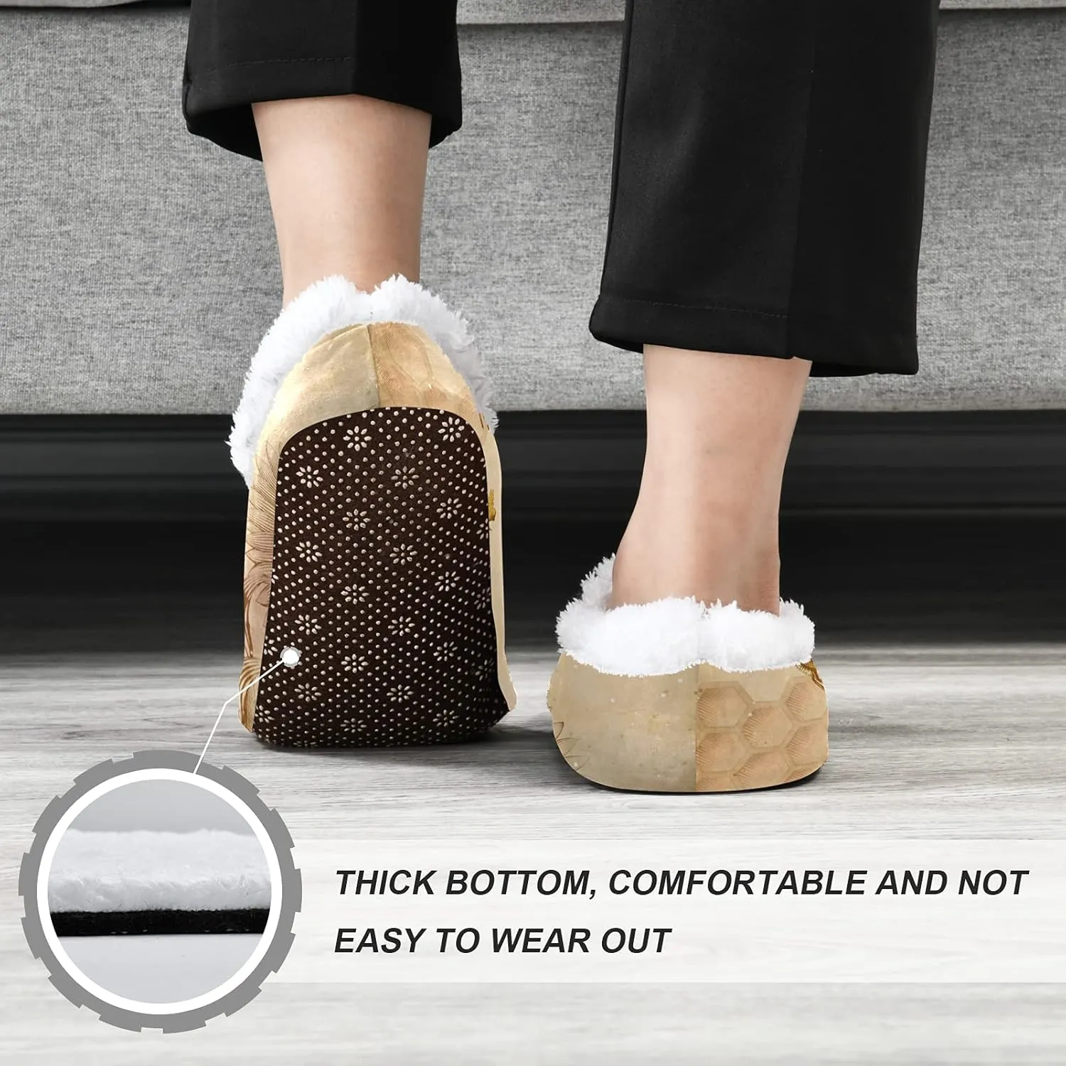 Naanle Retro Sunflower Honeybee Women's Closed Back Memory Foam Comfy Indoor Outdoor Bedroom Shoes Fuzzy Fleece Warm Home Slippers with Anti-Slip Rubber Sole