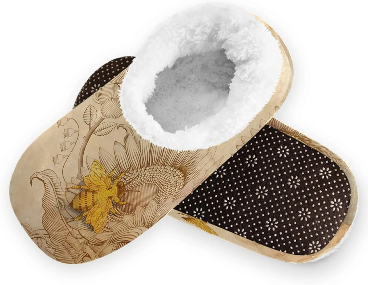 Naanle Retro Sunflower Honeybee Women's Closed Back Memory Foam Comfy Indoor Outdoor Bedroom Shoes Fuzzy Fleece Warm Home Slippers with Anti-Slip Rubber Sole