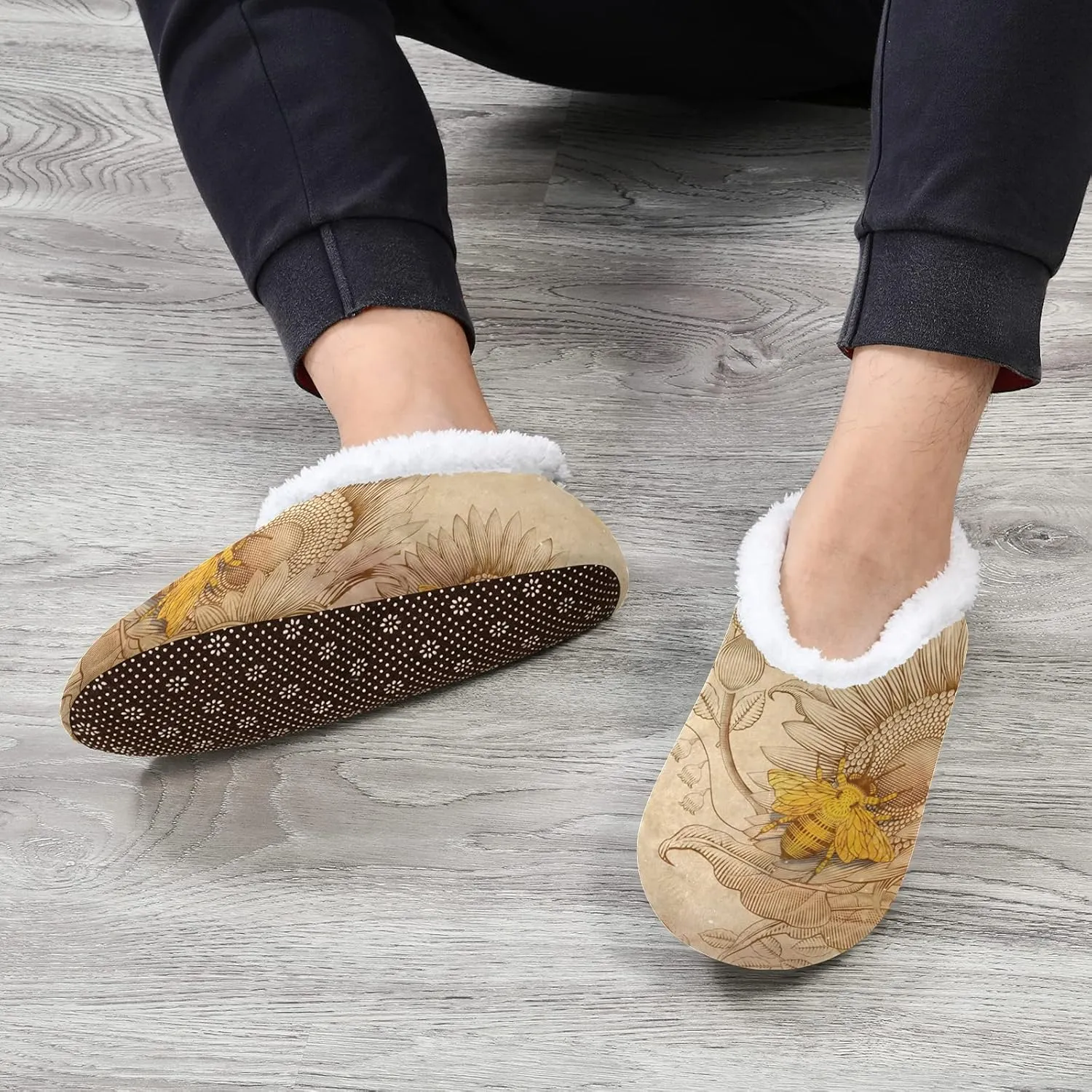 Naanle Retro Sunflower Honeybee Women's Closed Back Memory Foam Comfy Indoor Outdoor Bedroom Shoes Fuzzy Fleece Warm Home Slippers with Anti-Slip Rubber Sole