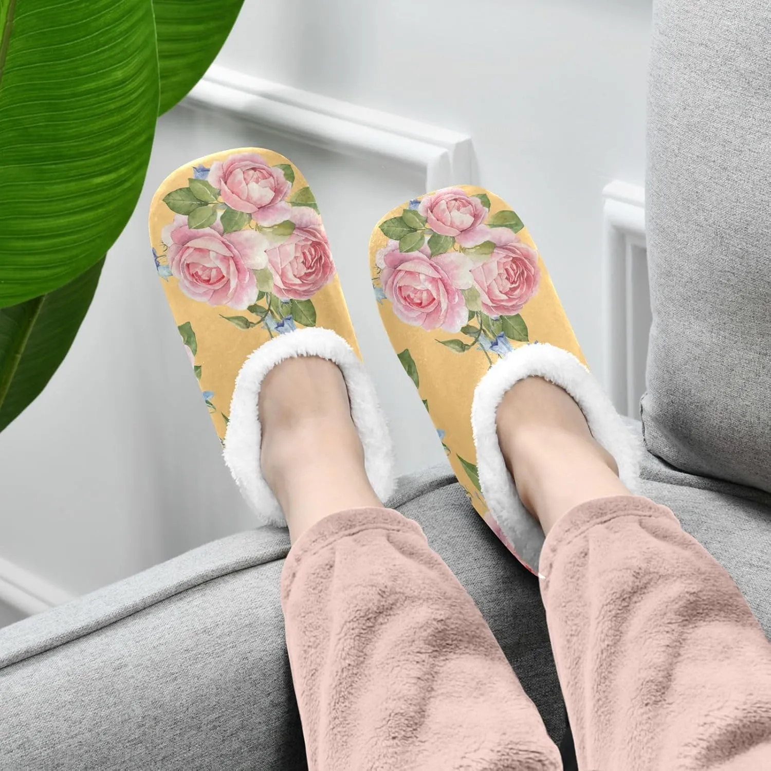 Naanle Slippers Rose Flowers Slippers Comfy Fuzzy Women's Slippers Fleece Warm Bedroom Shoes Home Slippers