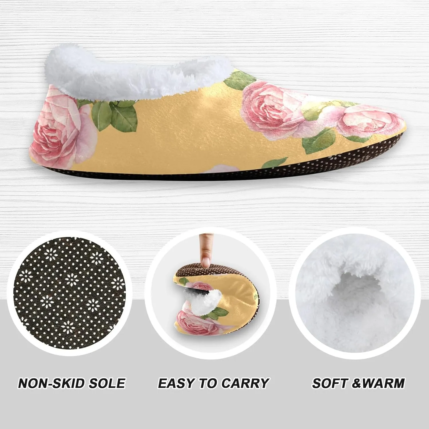 Naanle Slippers Rose Flowers Slippers Comfy Fuzzy Women's Slippers Fleece Warm Bedroom Shoes Home Slippers