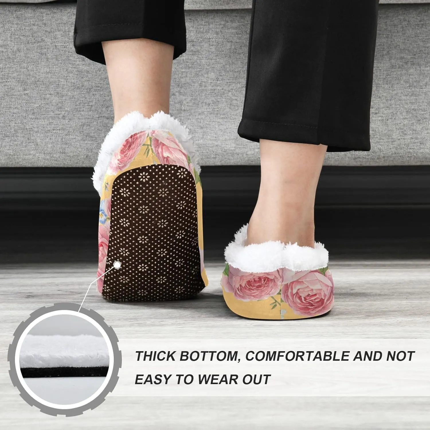 Naanle Slippers Rose Flowers Slippers Comfy Fuzzy Women's Slippers Fleece Warm Bedroom Shoes Home Slippers